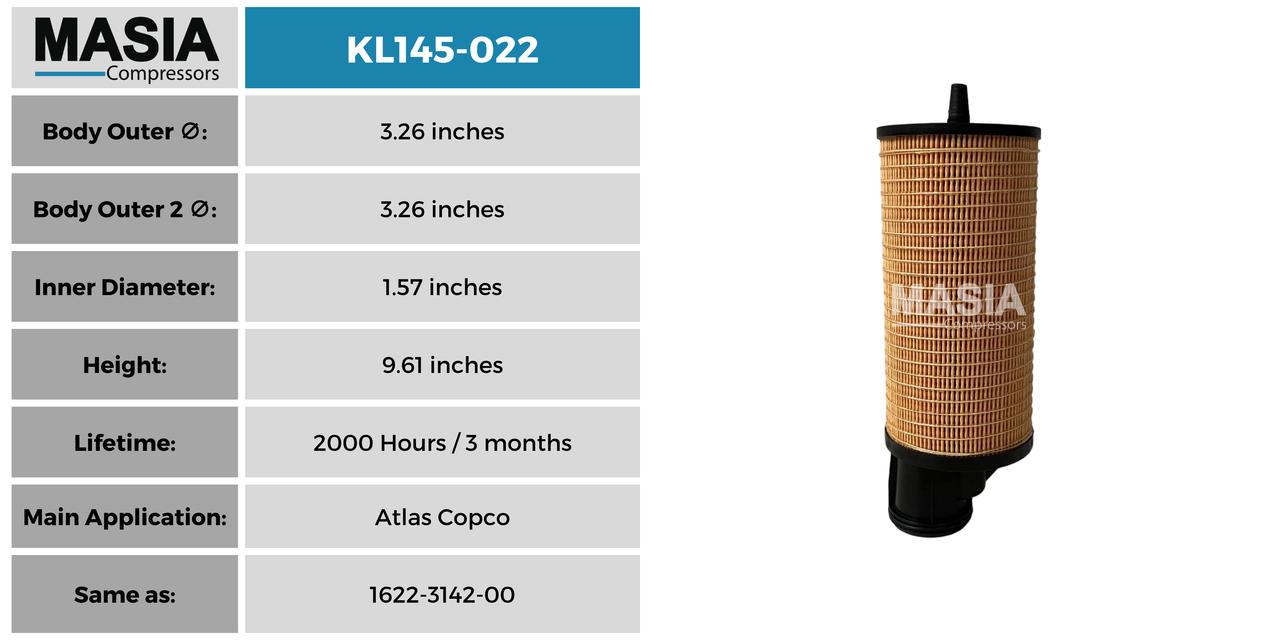 1622-3142-00 Filtro de Aceite Compatible con Atlas Copco