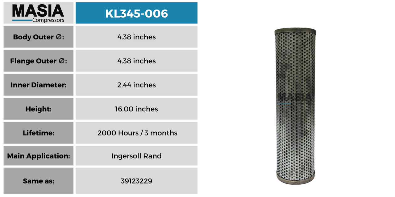 39110259 Filtro de Aceite Compatible con Ingersoll Rand
