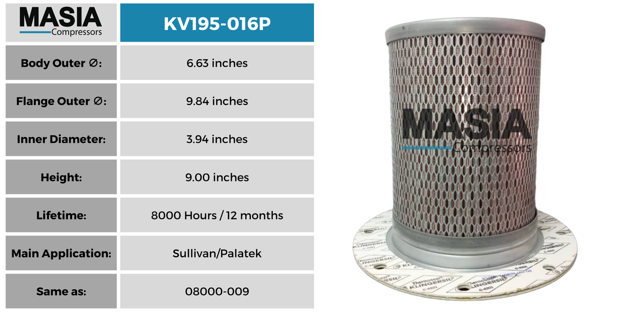 08000-009 Filtro Separador Compatible con Sullivan Palatek