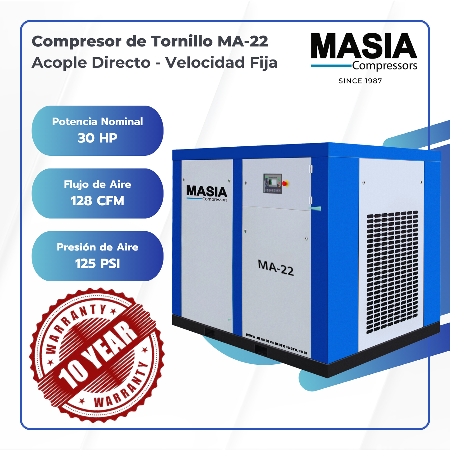 Compresor de Tornillo Masia 30 HP 128 CFM 145 PSI 220VAC 3PH
