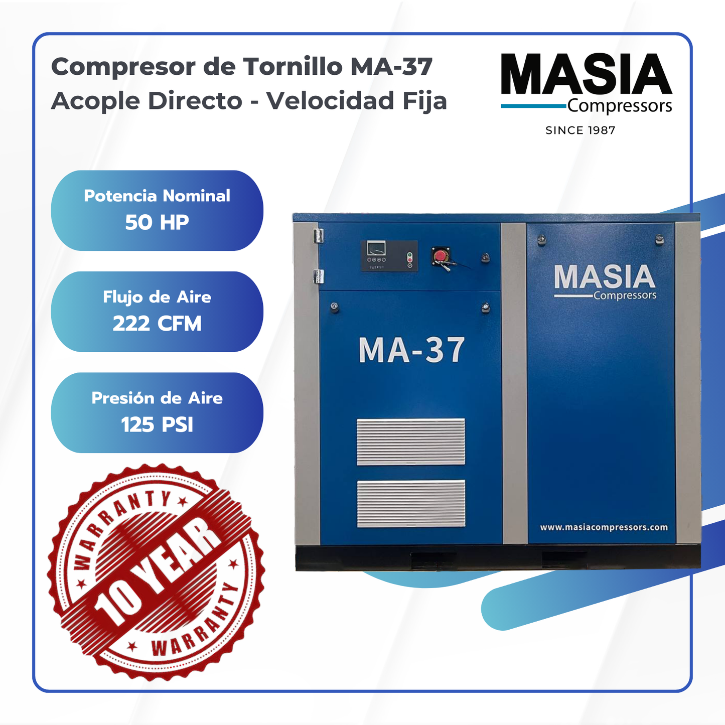 Compresor de Tornillo Masia 50 HP 218 CFM 145 PSI 220VAC 3PH