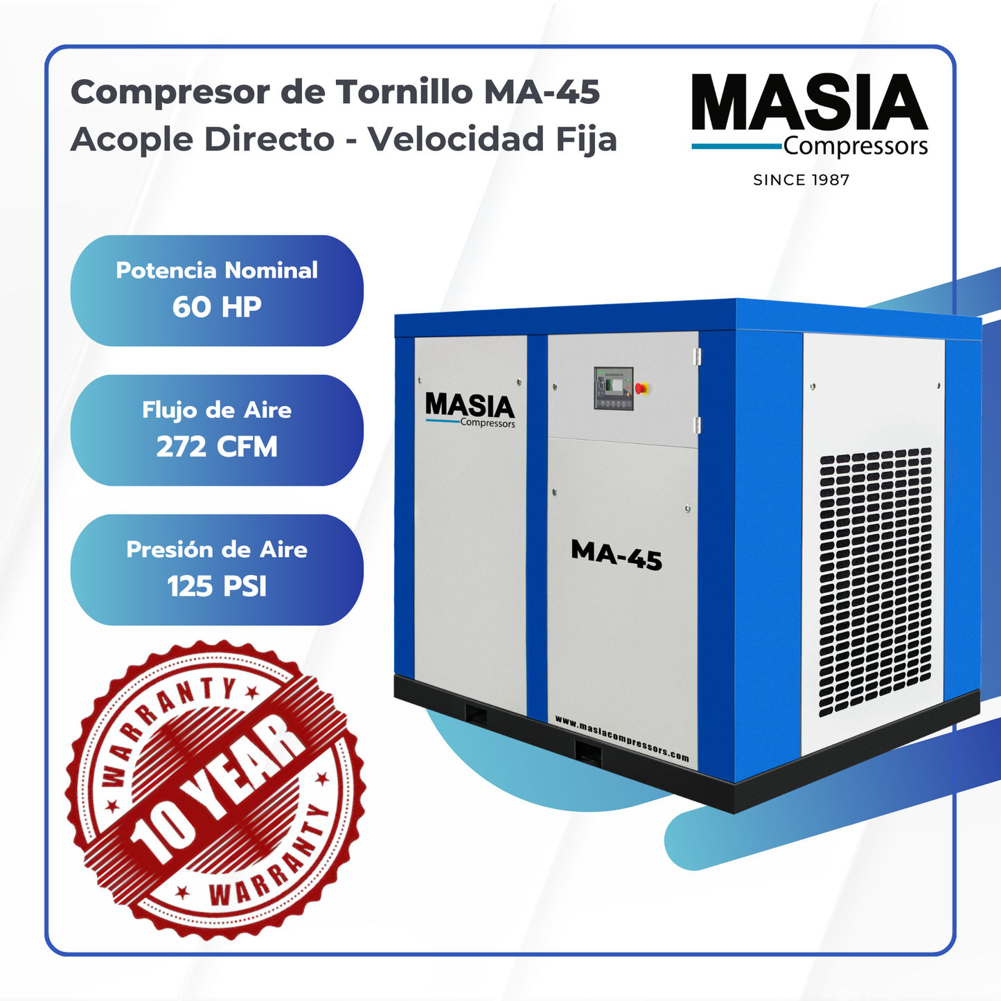 Compresor de Tornillo Masia 60 HP 284 CFM 145 PSI 440VAC 3PH
