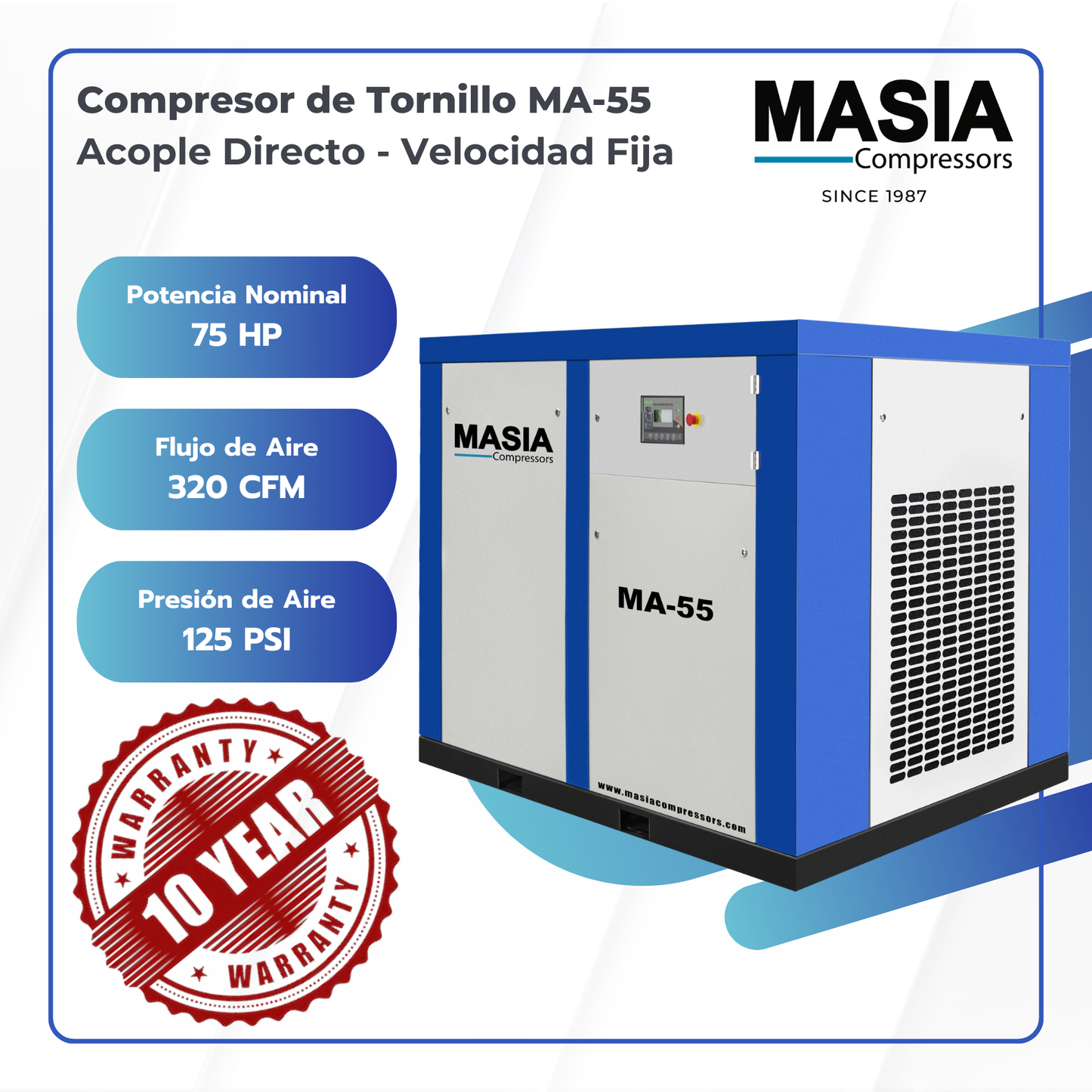 Compresor de Tornillo Masia 75 HP 364 CFM 180 PSI 440VAC 3PH