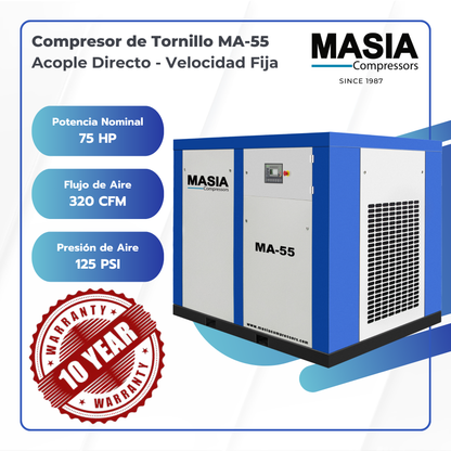 Compresor de Tornillo Masia 75 HP 364 CFM 180 PSI 440VAC 3PH