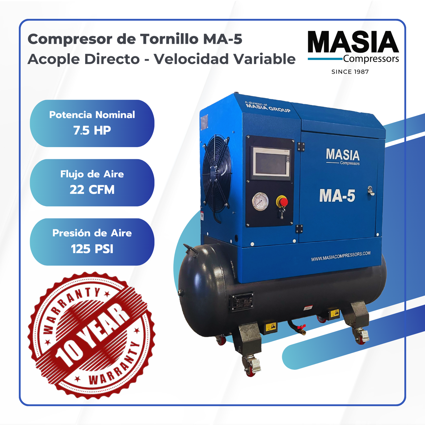 Compresor de Aire MAVS-5 Monofásico 220VAC - 22 CFM / 145 PSI / 7.5 HP