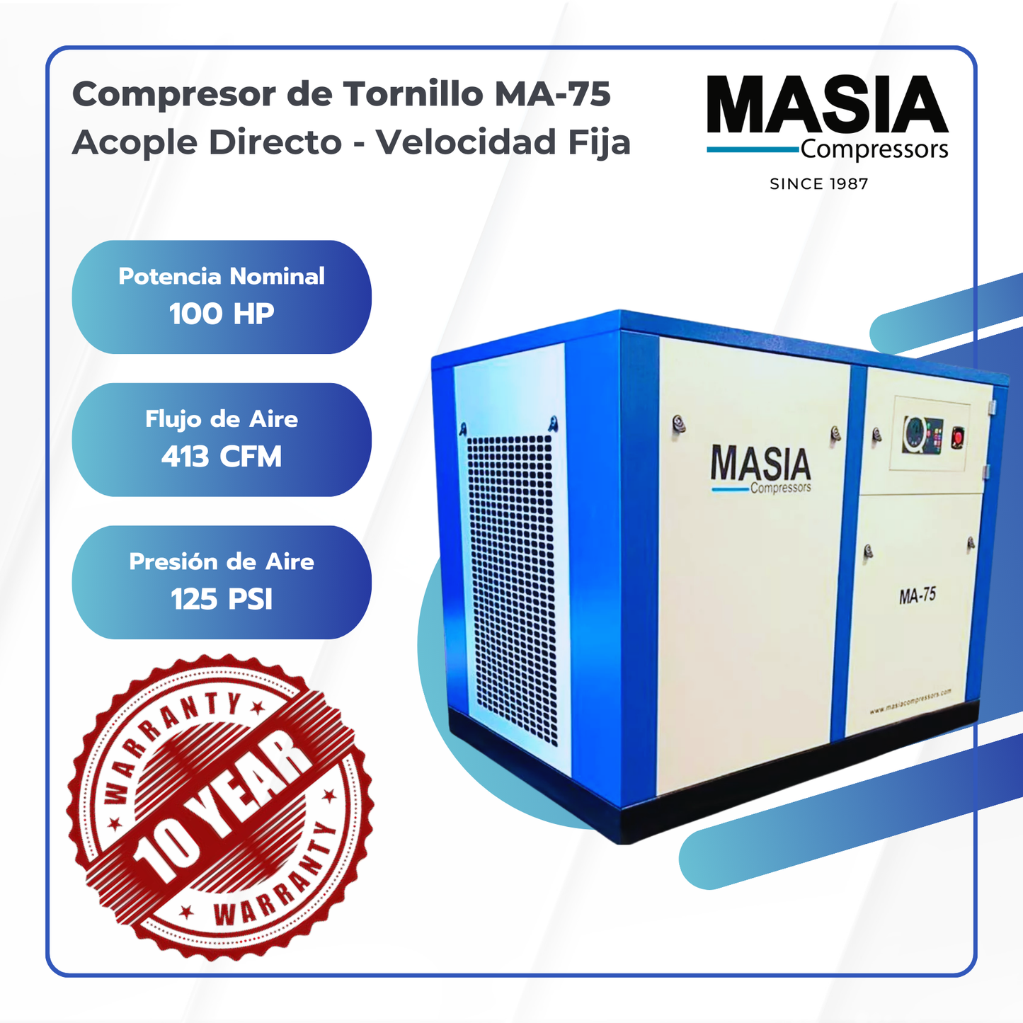 Compresor de Tornillo Masia 100 HP 413 CFM 145 PSI 220VAC 3PH
