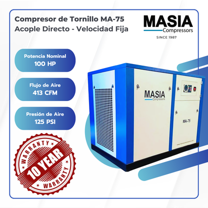 Compresor de Tornillo Masia 100 HP 413 CFM 145 PSI 220VAC 3PH