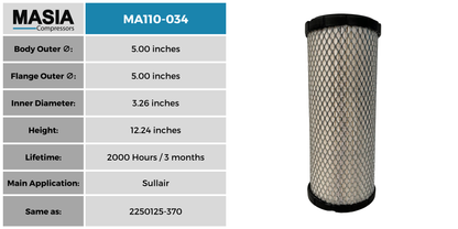 02250125-370 Filtro de Aire Compatible con Sullair