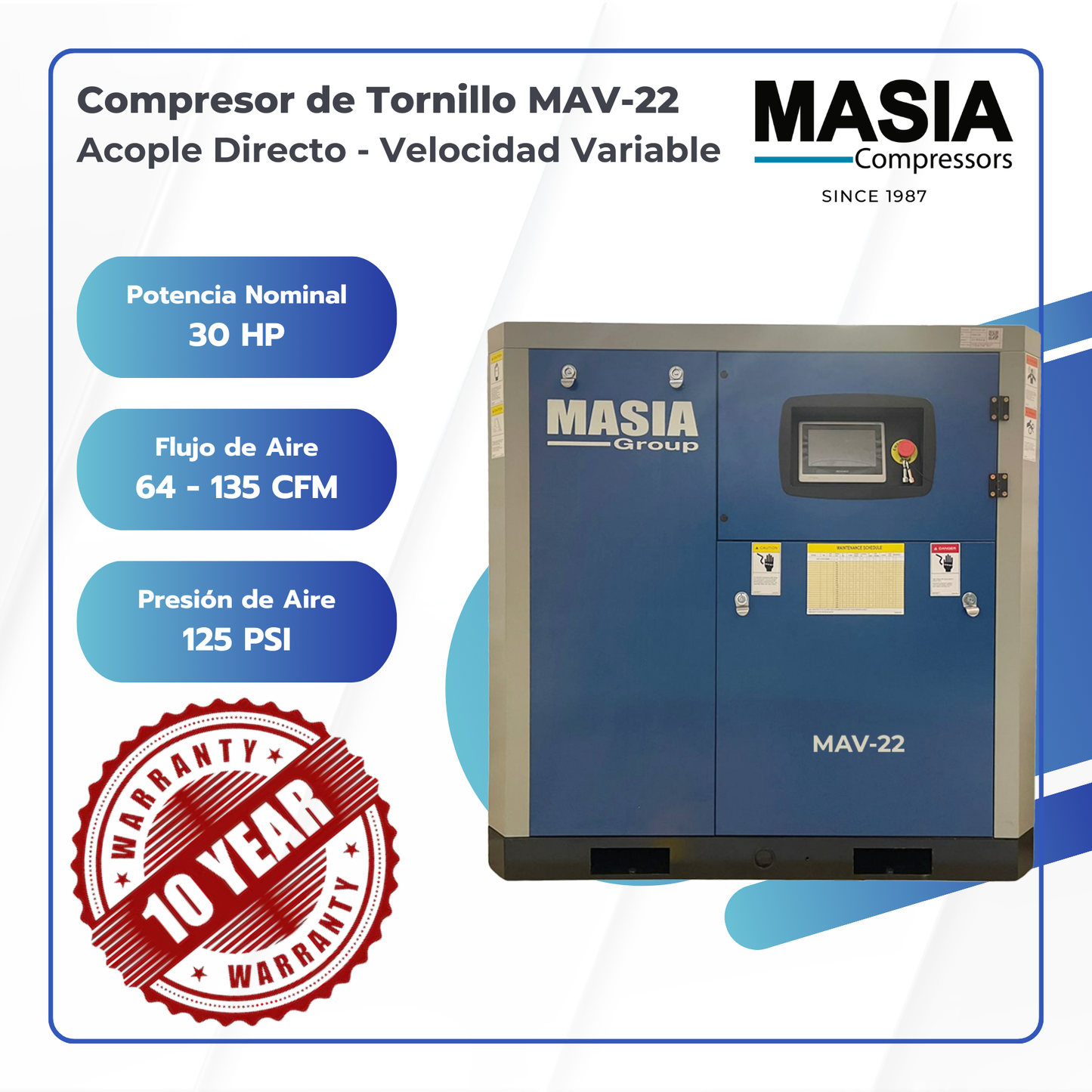 Compresor de Tornillo Masia 30 HP 135 CFM 185 PSI 220VAC 3PH