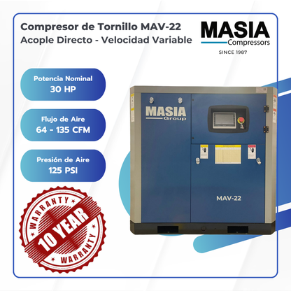 Compresor de Tornillo Masia 30 HP 135 CFM 185 PSI 220VAC 3PH