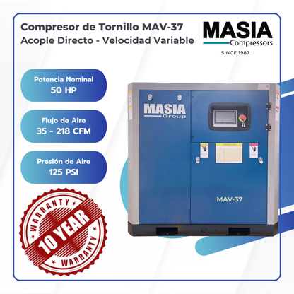 Compresor de Tornillo Masia 50 HP 218 CFM 145 PSI 440VAC 3PH
