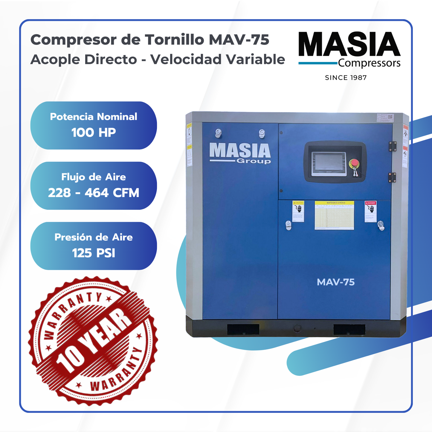 Compresor de Tornillo Masia 100 HP 430 CFM 185 PSI 220VAC 3PH