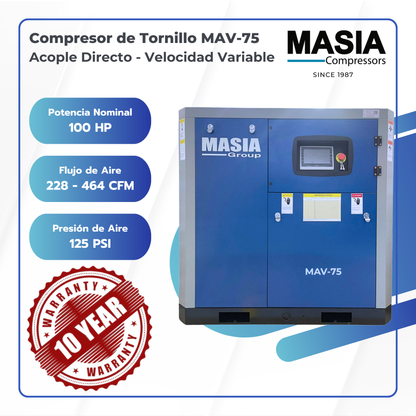 Compresor de Tornillo Masia 100 HP 430 CFM 185 PSI 220VAC 3PH