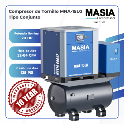 Compresor de Tornillo Masia 20 HP 84 CFM 145 PSI 440VAC 3PH