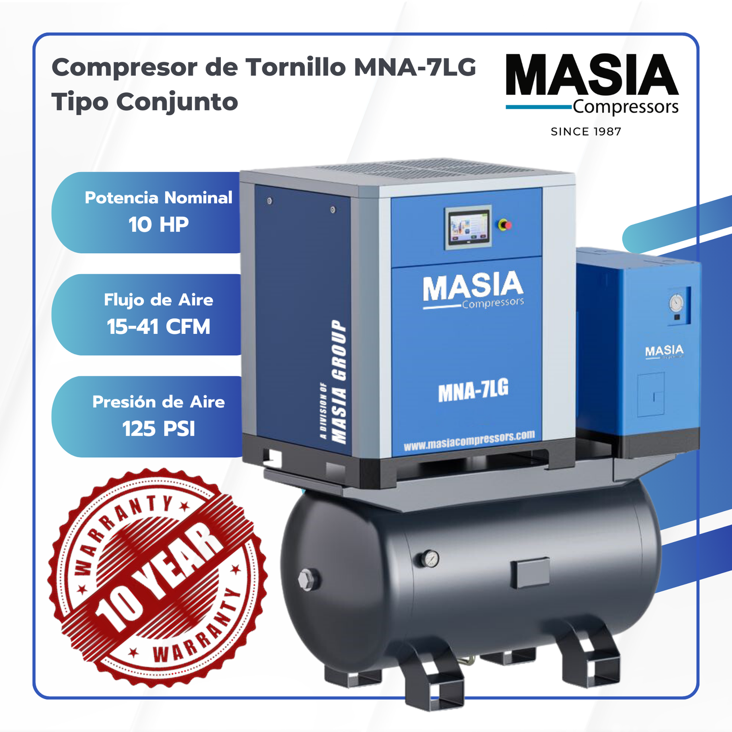 Compresor de Tornillo Masia 10 HP 40 CFM 145 PSI 440VAC 3PH